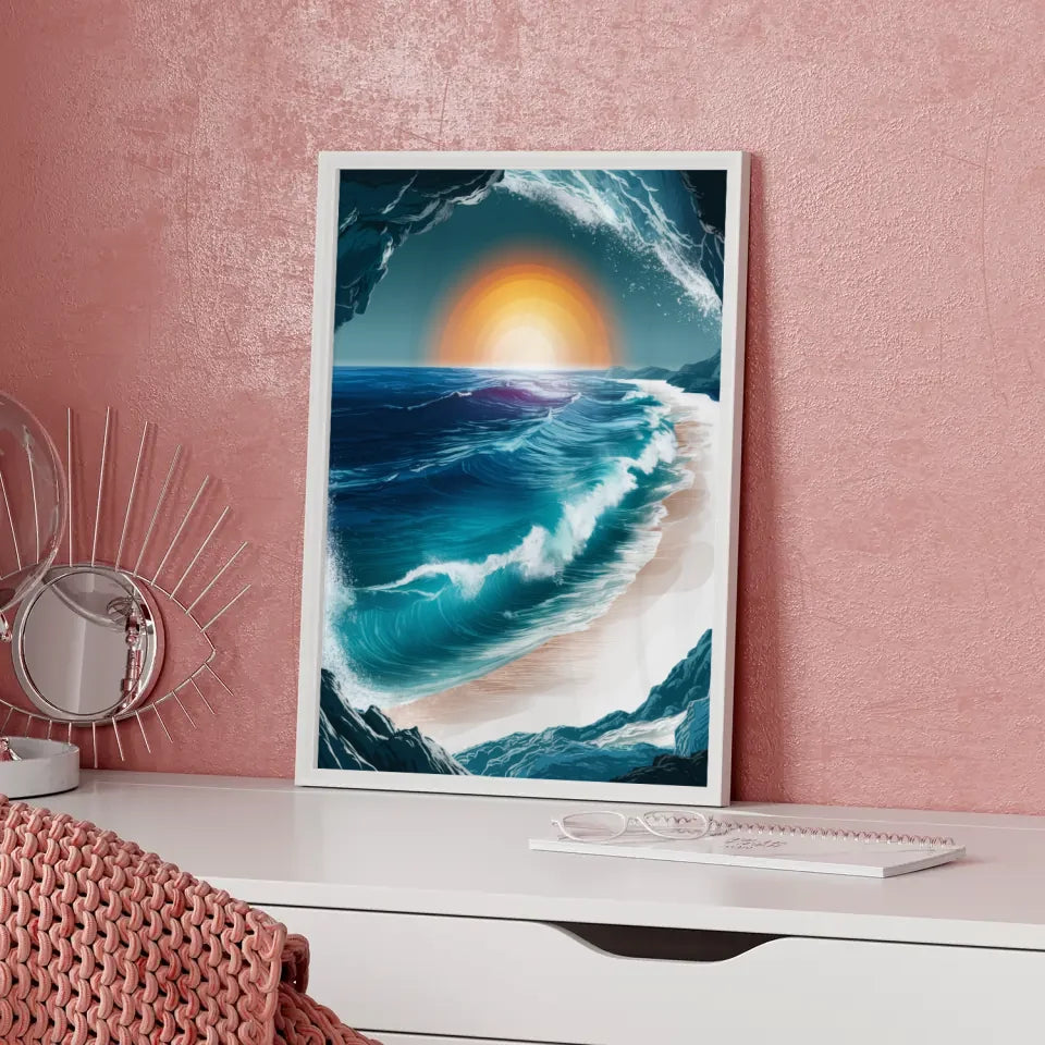 Surreales Poster eines paradiesischen Strandes mit türkisblauem Meer