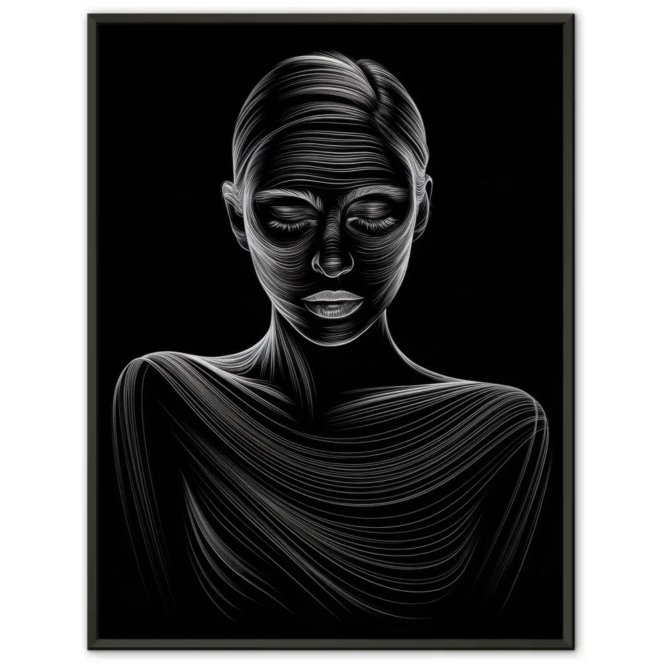 Ätherisches Poster einer Frau mit Linienkunst auf schwarzem Hintergrund 1