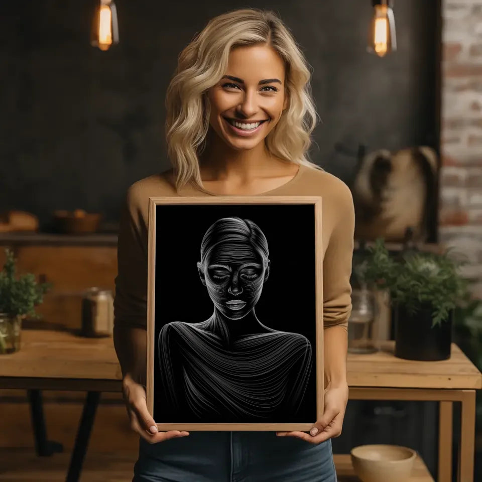 Ätherisches Poster einer Frau mit Linienkunst auf schwarzem Hintergrund 2