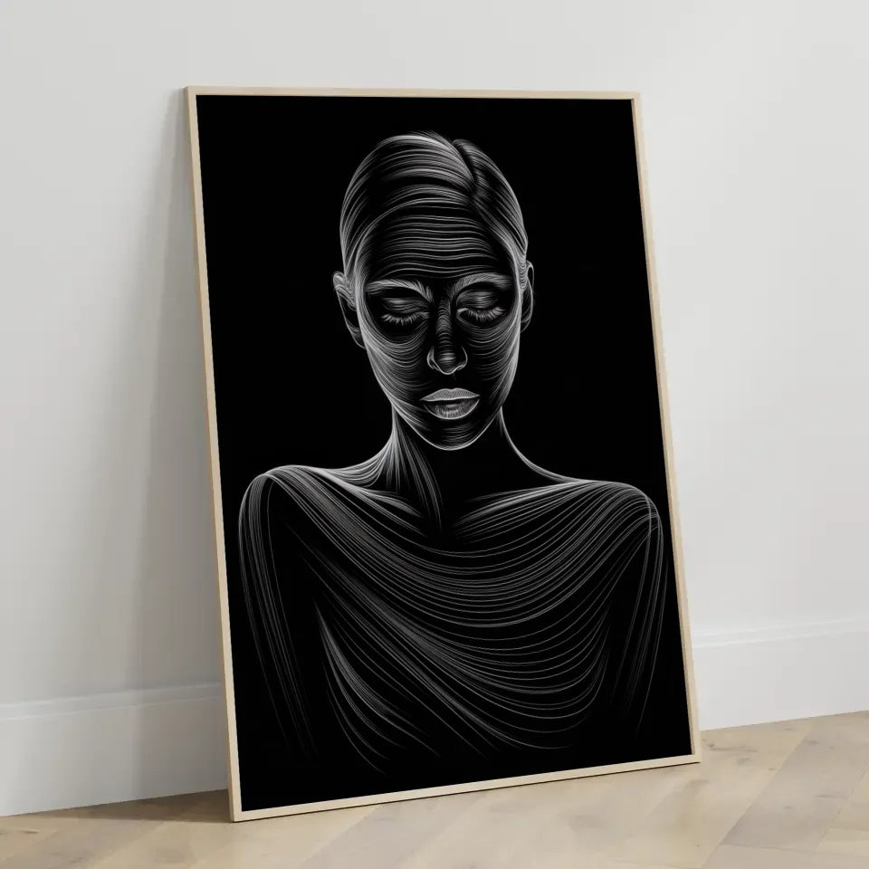 Ätherisches Poster einer Frau mit Linienkunst auf schwarzem Hintergrund 3