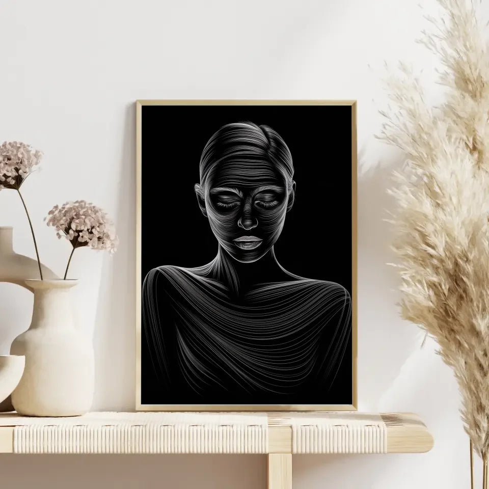 Ätherisches Poster einer Frau mit Linienkunst auf schwarzem Hintergrund 4