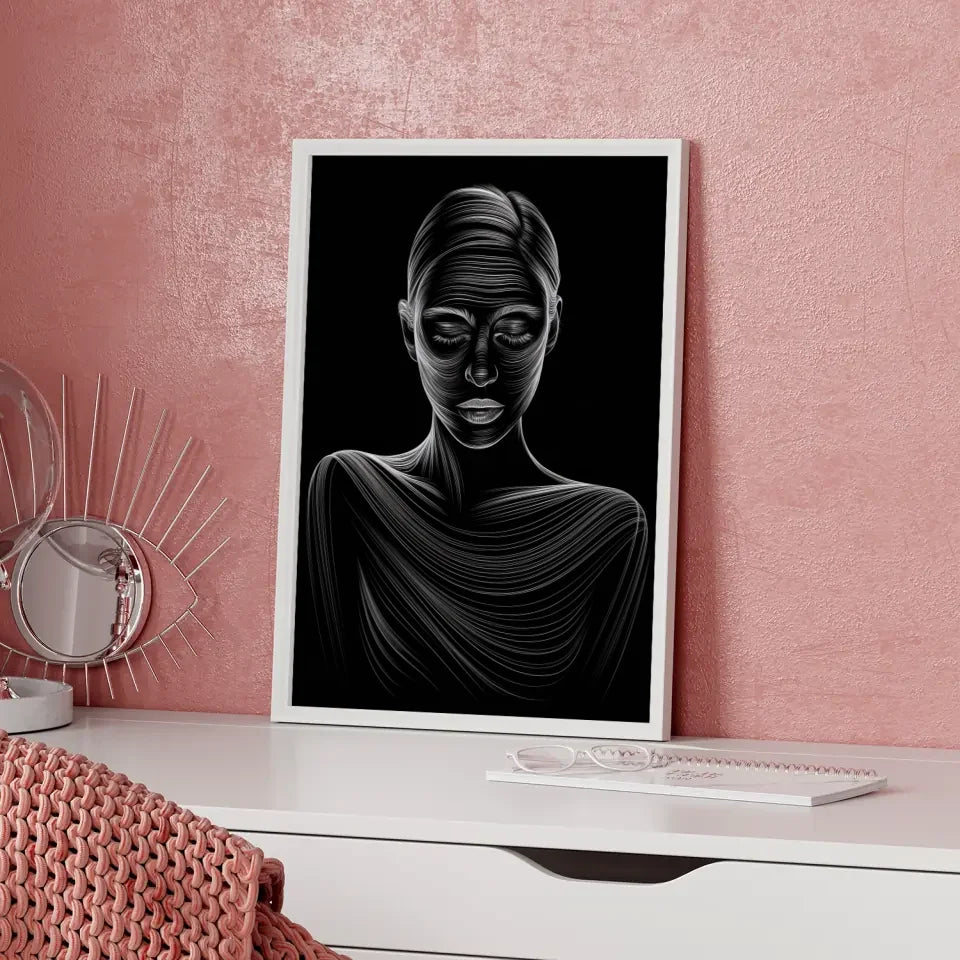 Ätherisches Poster einer Frau mit Linienkunst auf schwarzem Hintergrund 5