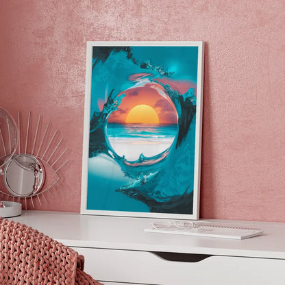 Surreale Meeresszene Poster mit Sonnenuntergang am Strand