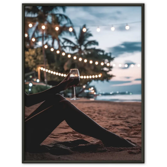 romantisches poster einer frau am strand mit abenddammerung und wein Wein & Sekt Poster 1