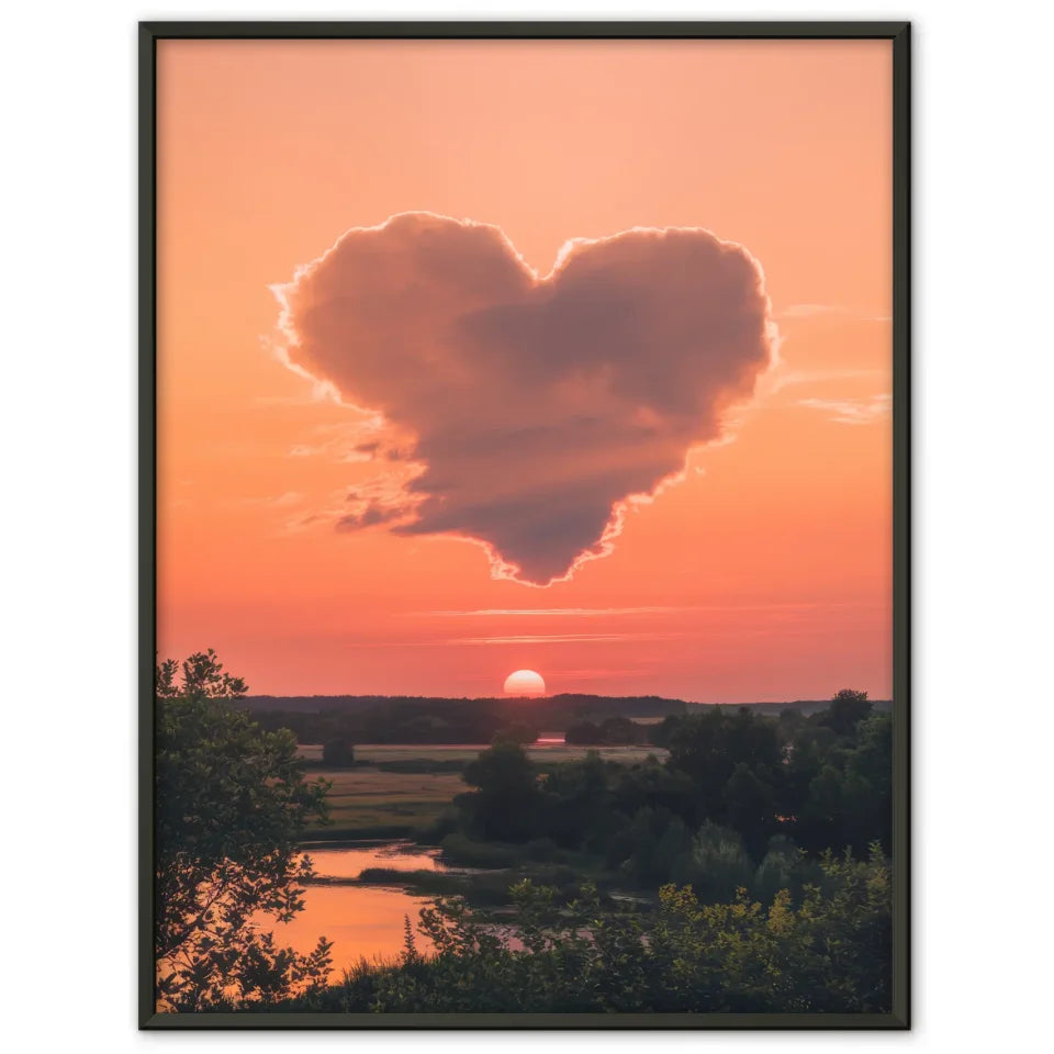 Herzförmige Wolke Poster bei Sonnenuntergang mit Landschaft 1