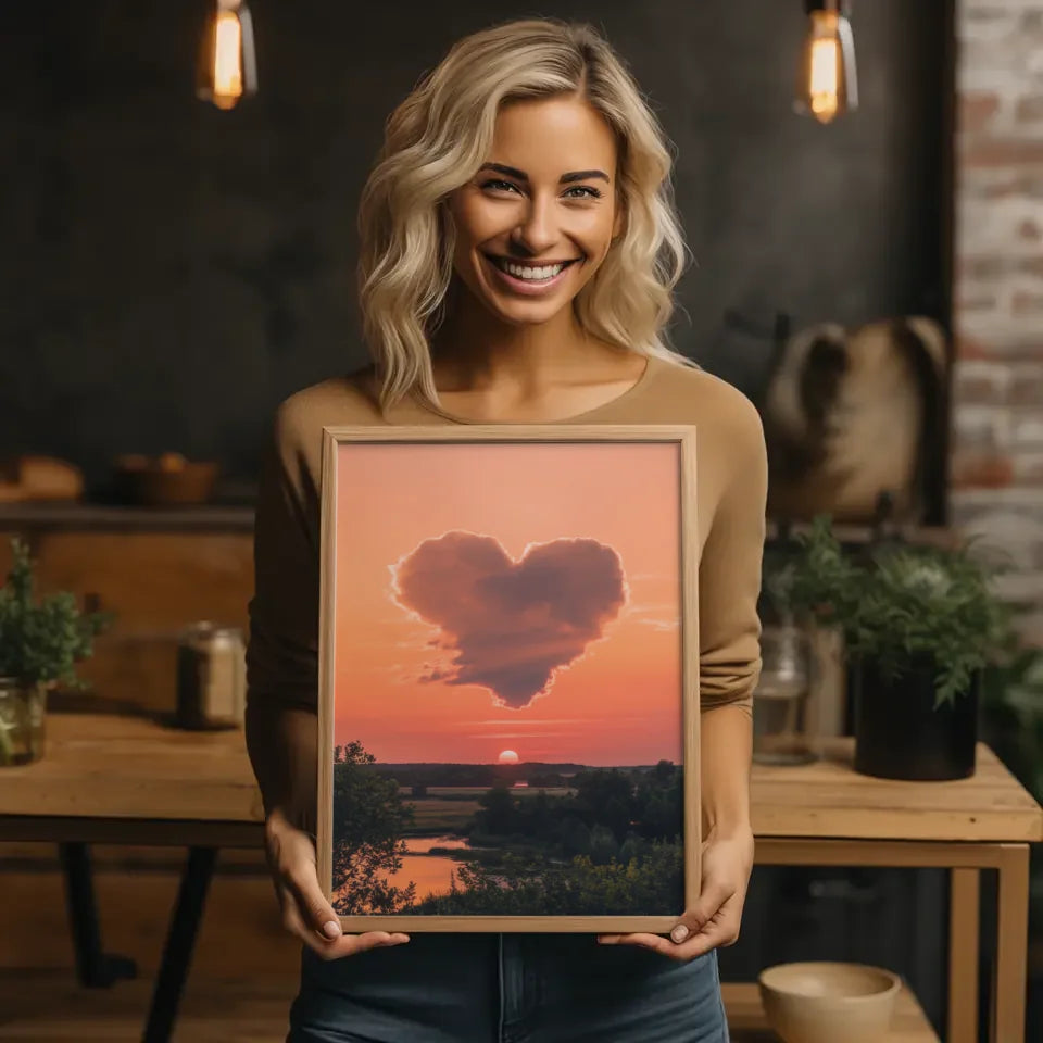 Herzförmige Wolke Poster bei Sonnenuntergang mit Landschaft 2