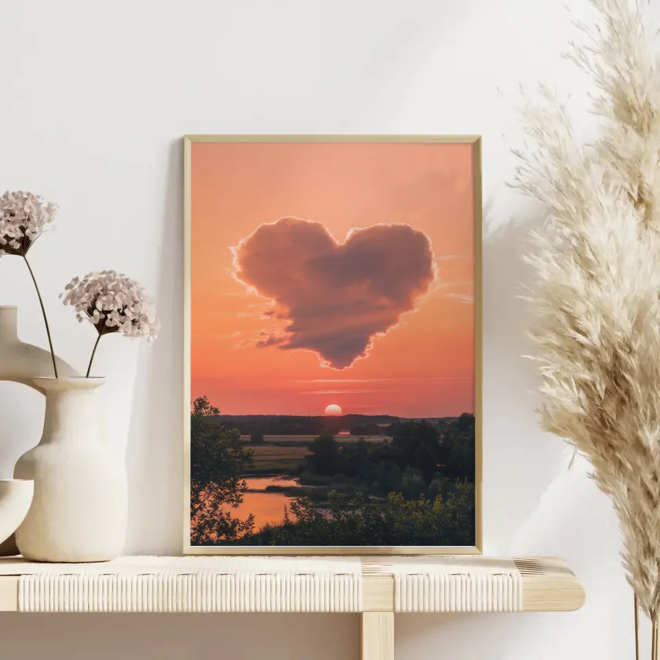 Herzförmige Wolke Poster bei Sonnenuntergang mit Landschaft 4