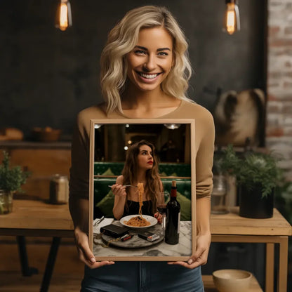 Elegantes Poster einer Frau im Restaurant mit Spaghetti und Rotwein 2