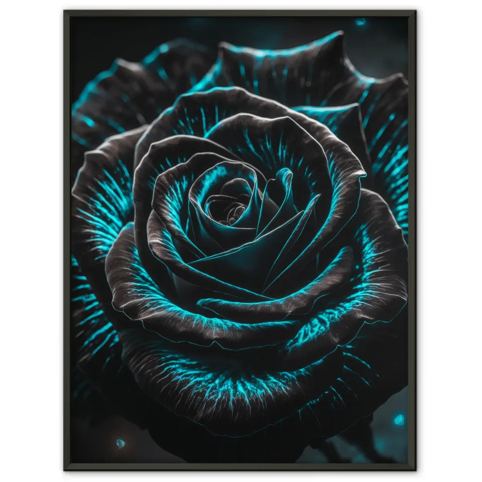 Schwarze Rose Poster mit blauen Kontrasten im impressionistischen Stil