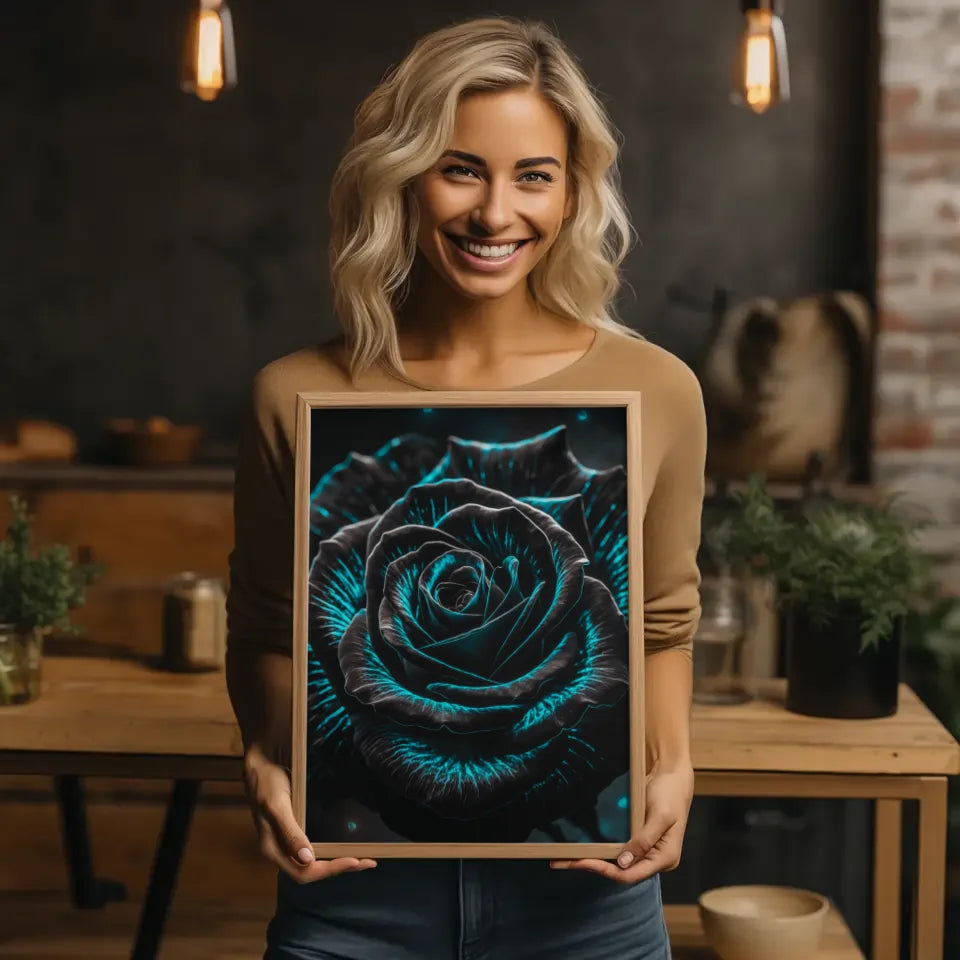 Schwarze Rose Poster mit blauen Kontrasten im impressionistischen Stil