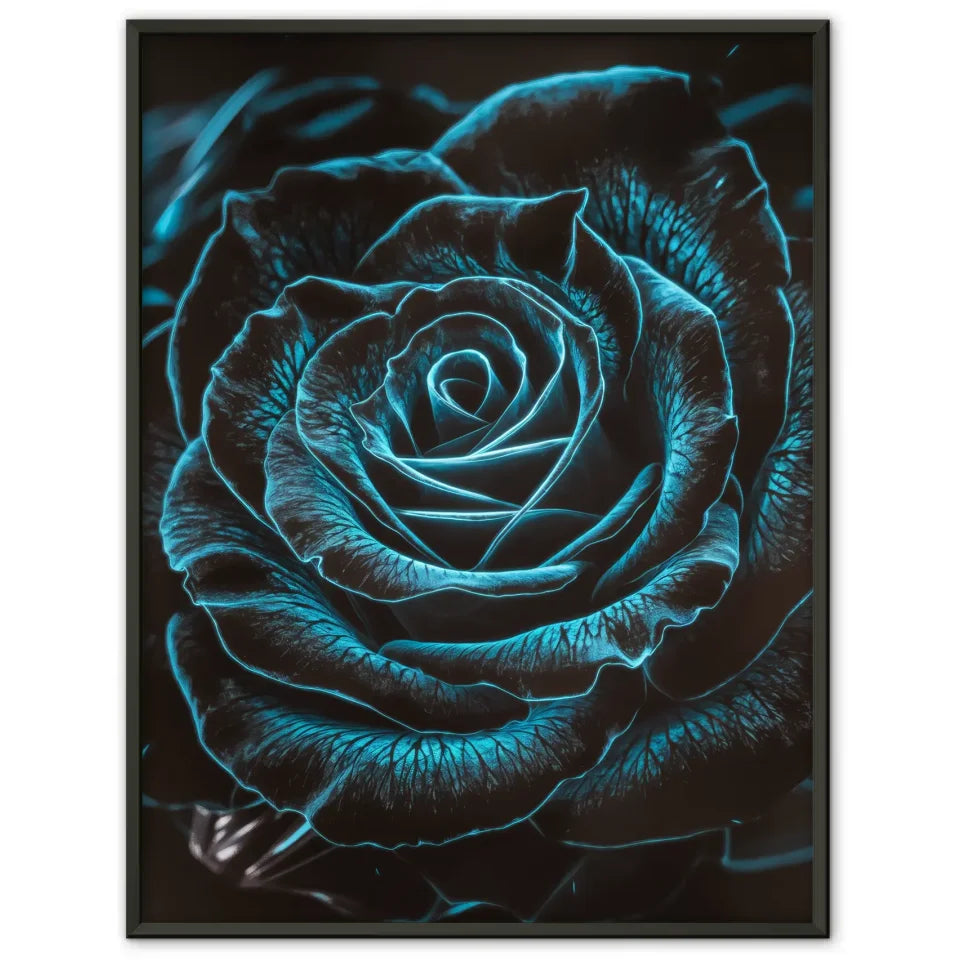 Schwarze Rose Poster mit blauen Kontrasten und geheimnisvollem Flair