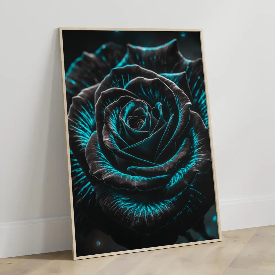 Schwarze Rose Poster mit blauen Kontrasten im impressionistischen Stil