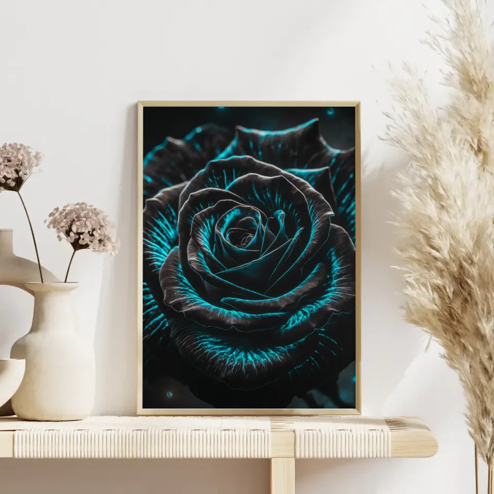 Schwarze Rose Poster mit blauen Kontrasten im impressionistischen Stil