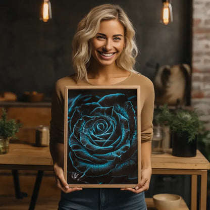 Schwarze Rose Poster mit blauen Kontrasten und geheimnisvollem Flair