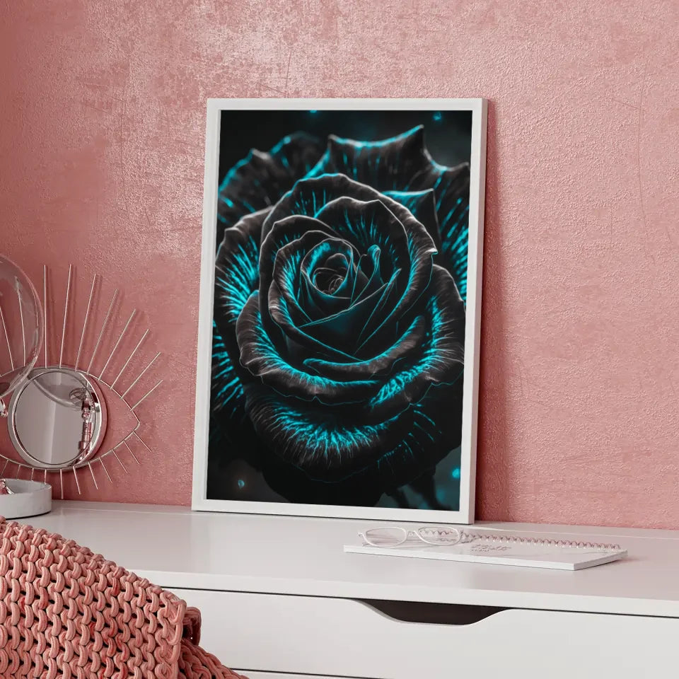 Schwarze Rose Poster mit blauen Kontrasten im impressionistischen Stil