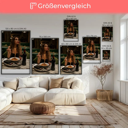 Elegantes Poster einer Frau im Restaurant mit Spaghetti und Rotwein 7