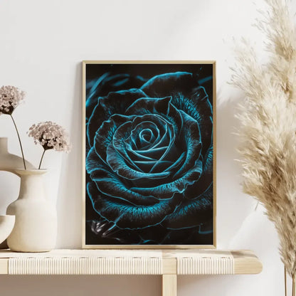 Schwarze Rose Poster mit blauen Kontrasten und geheimnisvollem Flair