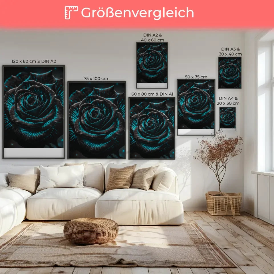 Schwarze Rose Poster mit blauen Kontrasten im impressionistischen Stil