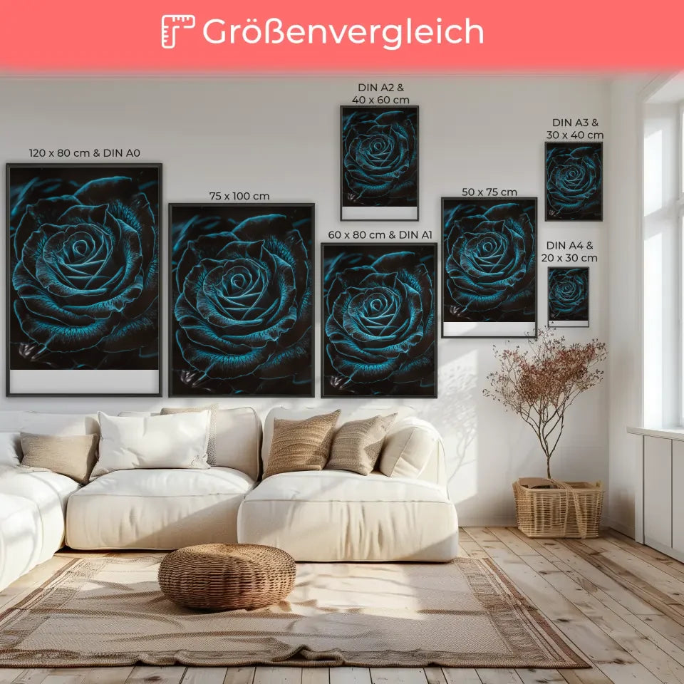 Schwarze Rose Poster mit blauen Kontrasten und geheimnisvollem Flair