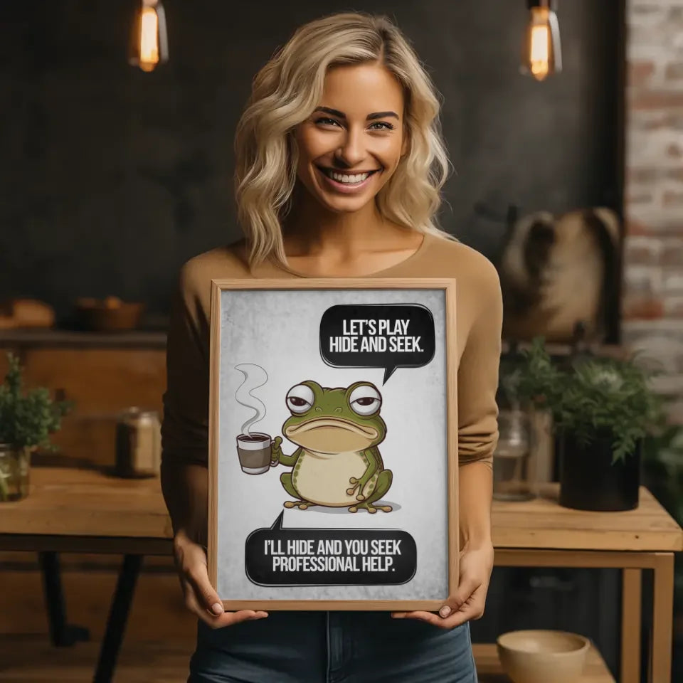 Sarkastischer Chibi-Frosch Poster mit Kaffeetasse und Spruch bei uns kaufen