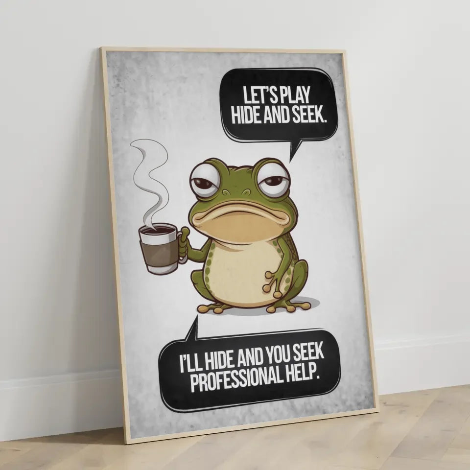 Sarkastischer Chibi-Frosch Poster mit Kaffeetasse und Spruch bei uns kaufen