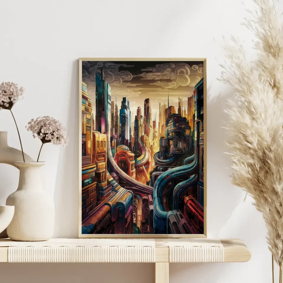 Futuristische Stadtlandschaft Poster Ukiyo-e Stil 4