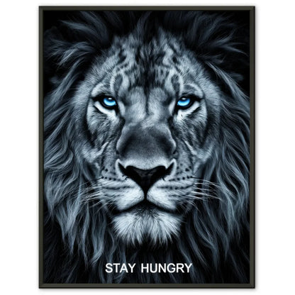Motivierendes Poster Löwengesicht mit blauem Schimmer und STAY HUNGRY 1