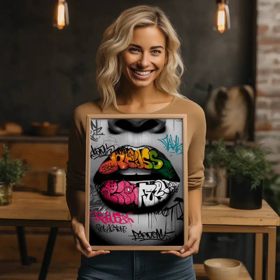 Urbaner Graffiti Poster mit farbenfrohen Lippen und abstrakten Mustern 2