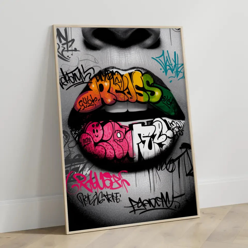 Urbaner Graffiti Poster mit farbenfrohen Lippen und abstrakten Mustern 3