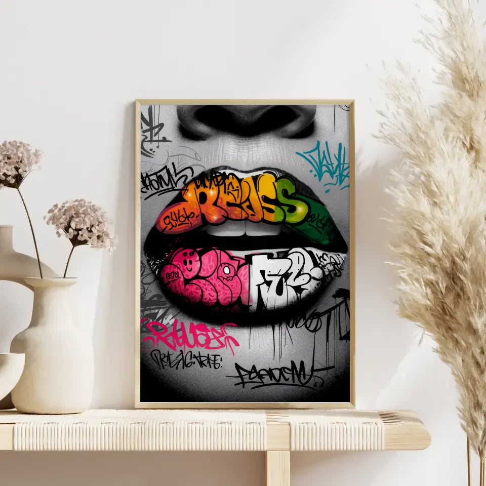 Urbaner Graffiti Poster mit farbenfrohen Lippen und abstrakten Mustern 4