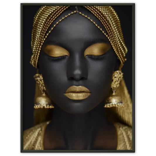Elegantes Poster einer Frau mit goldenen Accessoires und Dunkelheit 1