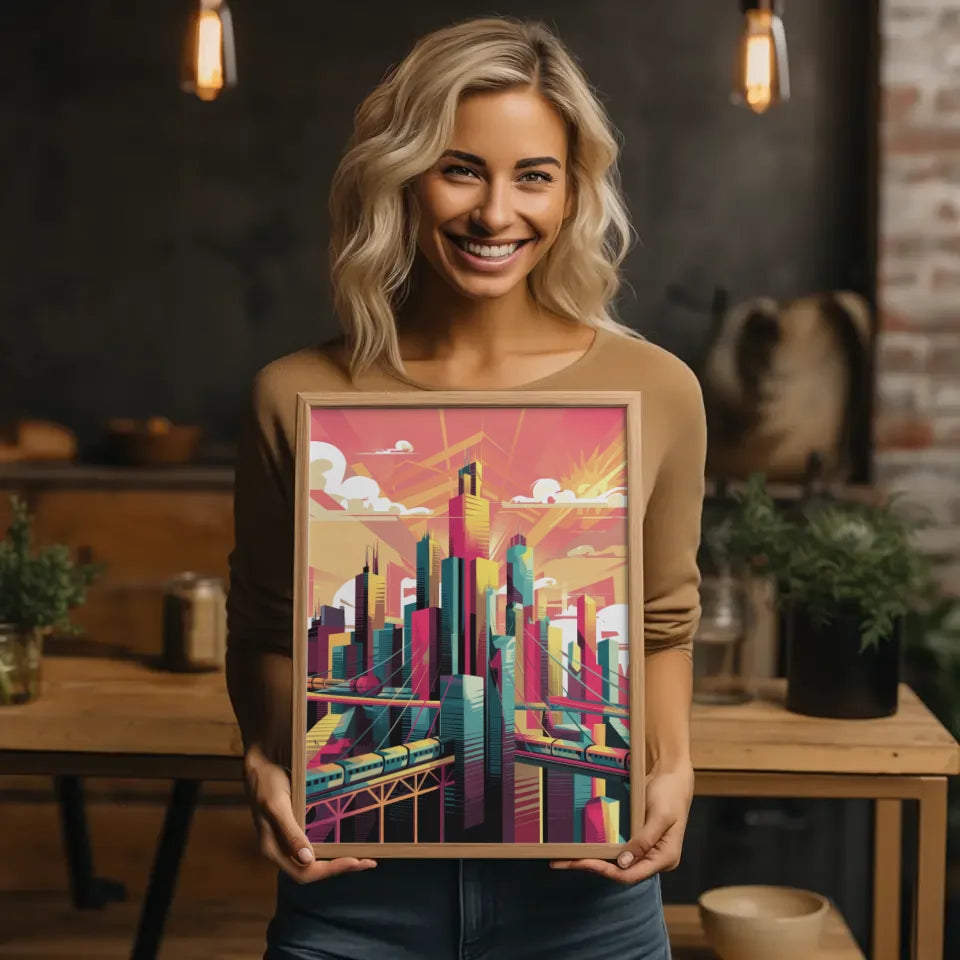 Bunte Stadtlandschaft Poster mit Wolkenkratzern und Optimismus 2