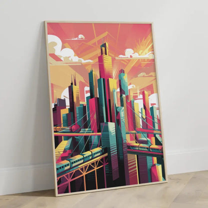 Bunte Stadtlandschaft Poster mit Wolkenkratzern und Optimismus 3