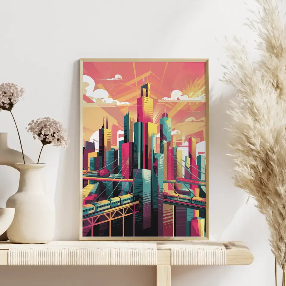 Bunte Stadtlandschaft Poster mit Wolkenkratzern und Optimismus 4