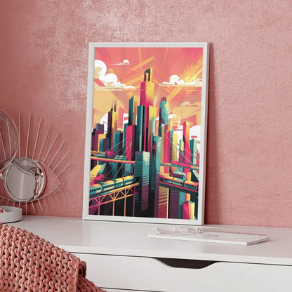 Bunte Stadtlandschaft Poster mit Wolkenkratzern und Optimismus 5