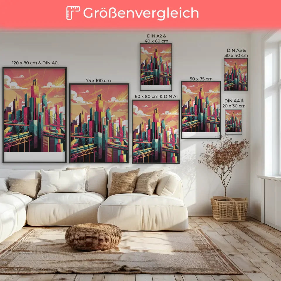 Bunte Stadtlandschaft Poster mit Wolkenkratzern und Optimismus 7