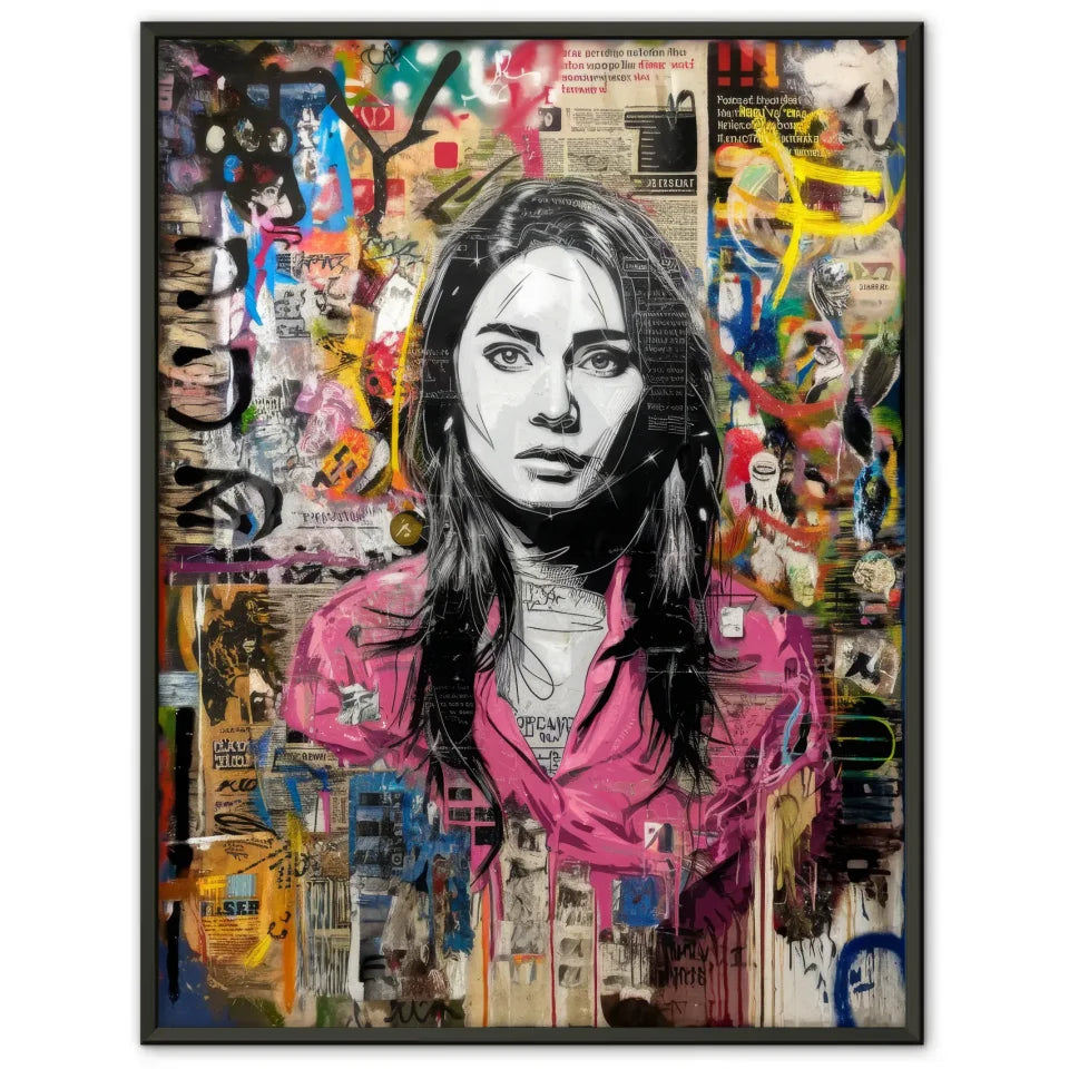 Kreatives Graffiti Poster einer Frau mit schwarzem Haar und buntem Hintergrund 1