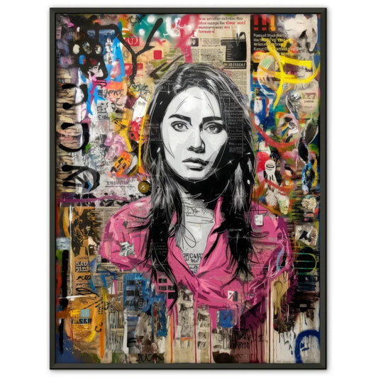 Kreatives Graffiti Poster einer Frau mit schwarzem Haar und buntem Hintergrund 1