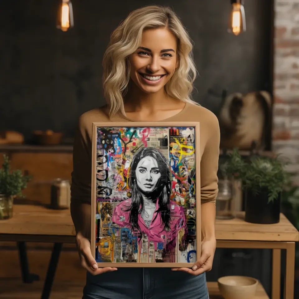 Kreatives Graffiti Poster einer Frau mit schwarzem Haar und buntem Hintergrund 2