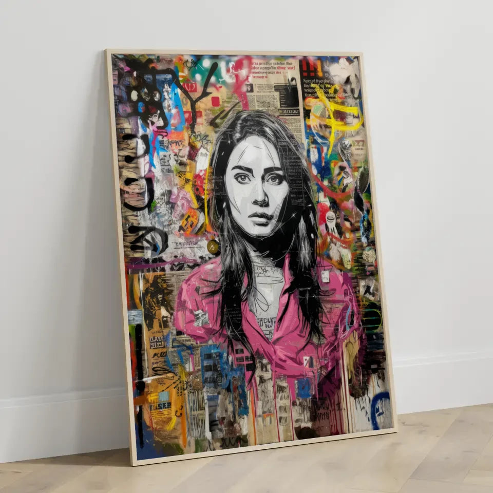 Kreatives Graffiti Poster einer Frau mit schwarzem Haar und buntem Hintergrund 3