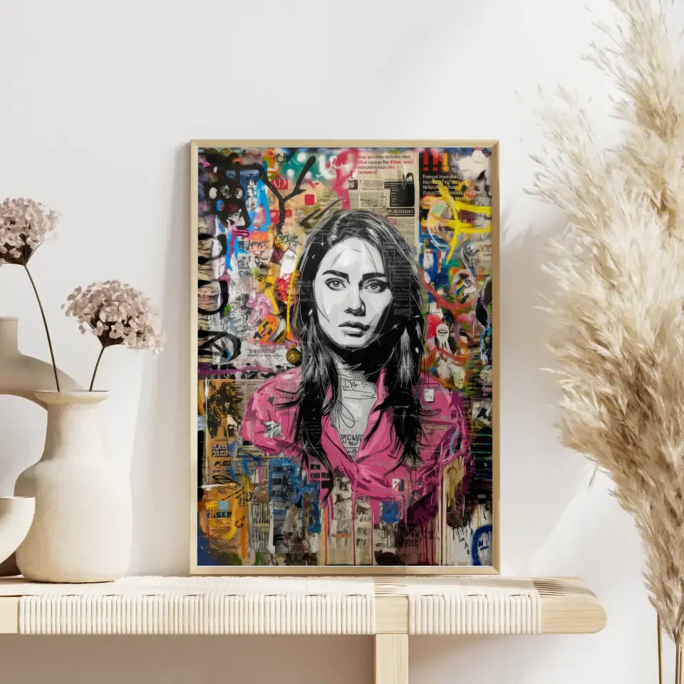 Kreatives Graffiti Poster einer Frau mit schwarzem Haar und buntem Hintergrund 4