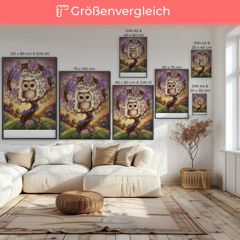 Poster einer niedlichen Eule auf einem Blütenbaum im Sonnenuntergang