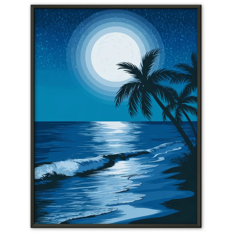 Poster von ruhigem Meer bei Nacht mit Vollmond und Sternenhimmel