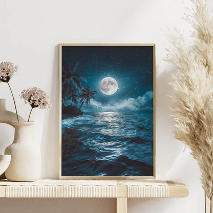 Ruhiges Meer Poster mit Vollmond und Palmen