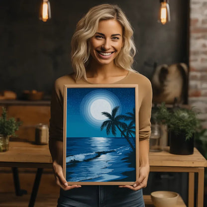 Poster von ruhigem Meer bei Nacht mit Vollmond und Sternenhimmel