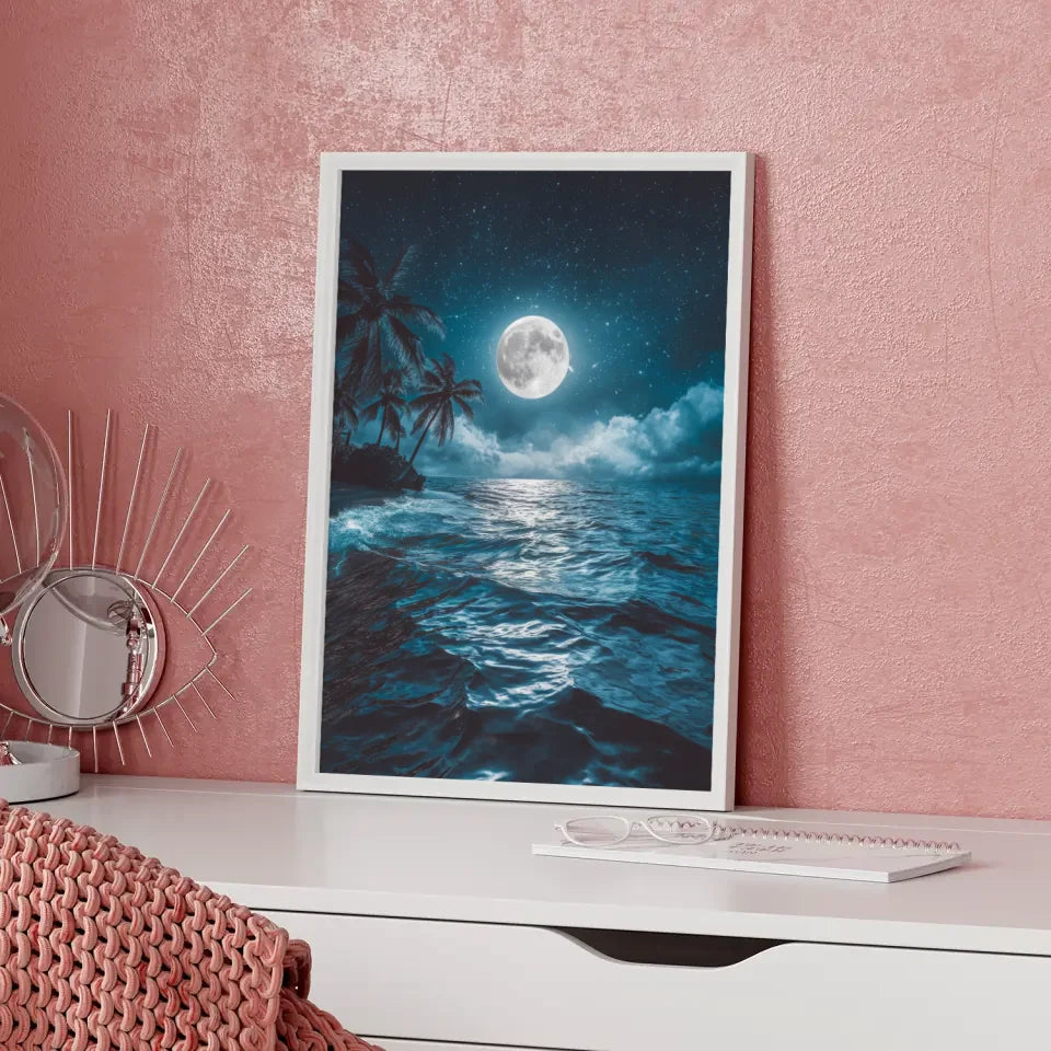 Ruhiges Meer Poster mit Vollmond und Palmen