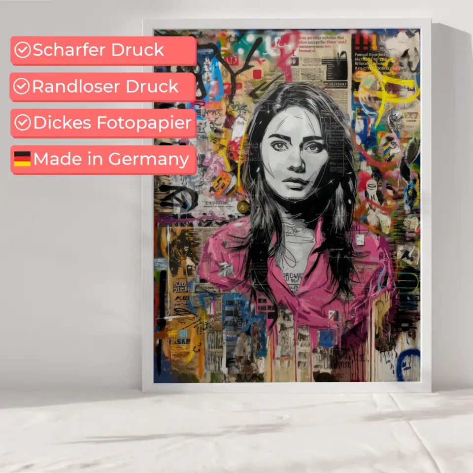Kreatives Graffiti Poster einer Frau mit schwarzem Haar und buntem Hintergrund 6