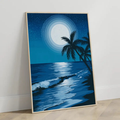 Poster von ruhigem Meer bei Nacht mit Vollmond und Sternenhimmel