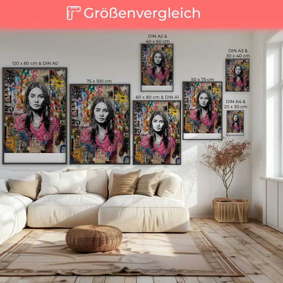 Kreatives Graffiti Poster einer Frau mit schwarzem Haar und buntem Hintergrund 7