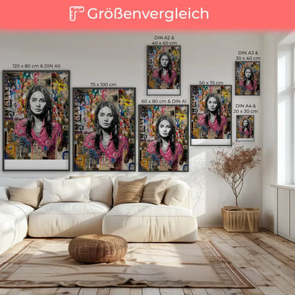 Kreatives Graffiti Poster einer Frau mit schwarzem Haar und buntem Hintergrund 7